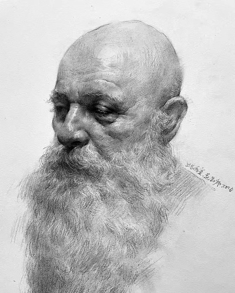 Graphite portrait study of a bearded man