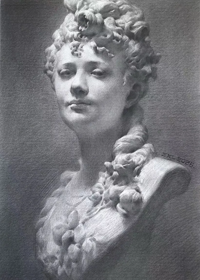 Graphite drawing of a classical plaster bust